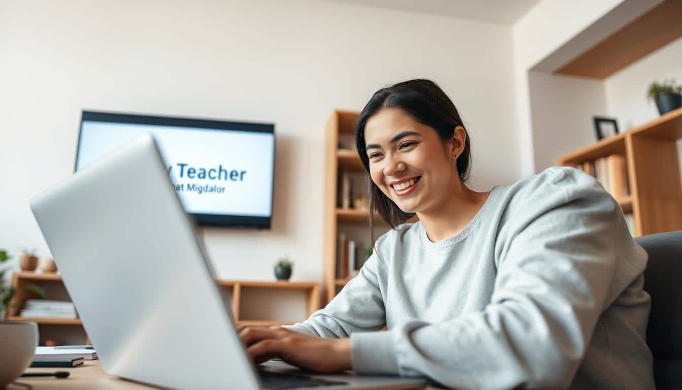 Smiling online Hebrew teacher Anat Migdalor at a cozy workspace with laptop and TV screen displaying "Join Our Hebrew Class," illustrating virtual Hebrew learning stages and tips on how long it takes to fluently learn Hebrew (How Long Does It Take to Fluently Learn Hebrew).