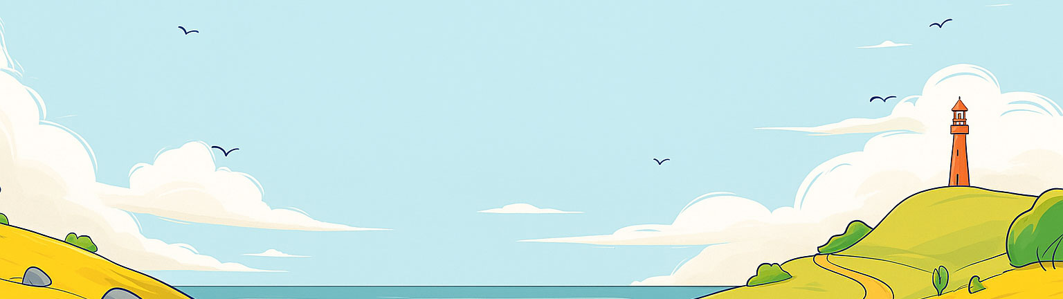 Charming cartoon-style illustration of a peaceful coastal landscape, featuring a glowing red lighthouse on a rolling green-yellow hill descending to the blue sea. The sky is bright blue with soft white clouds, free-flying birds, a winding yellow path through tall grass and gray rocks, and gentle waves kissing the shore. This image serves as an inspirational header background on Anat Megidlor's website (hebrewteacheranat.com), an experienced Hebrew teacher, symbolizing reliable guidance and illuminating knowledge in language learning. Ideal for those seeking personalized online Hebrew lessons, tips to improve reading and writing skills, and engaging blog content on Israeli culture.