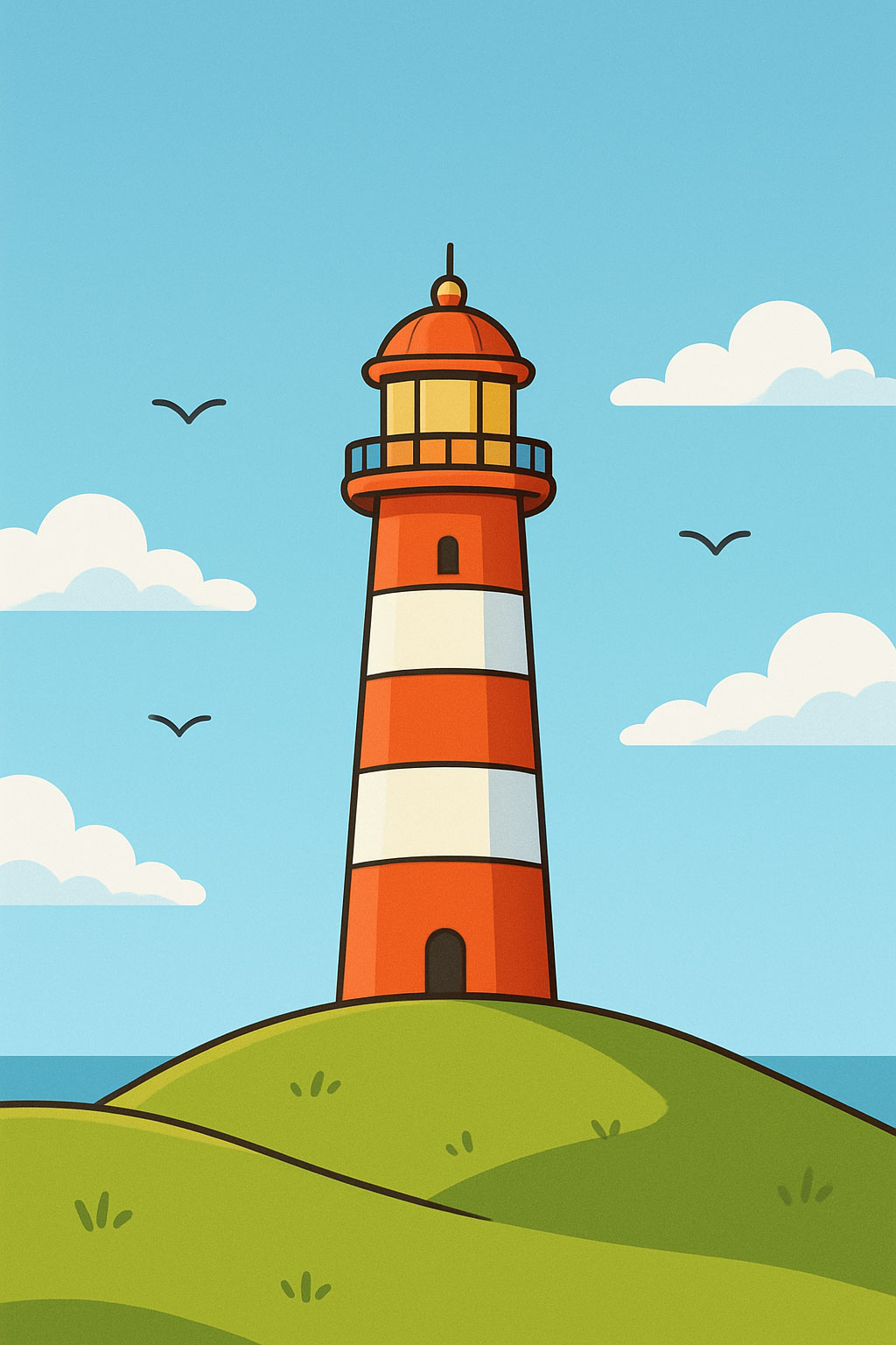 Orange lighthouse on a green hill under a blue sky – symbol of guidance and learning with Hebrew teacher Anat Migdalor.