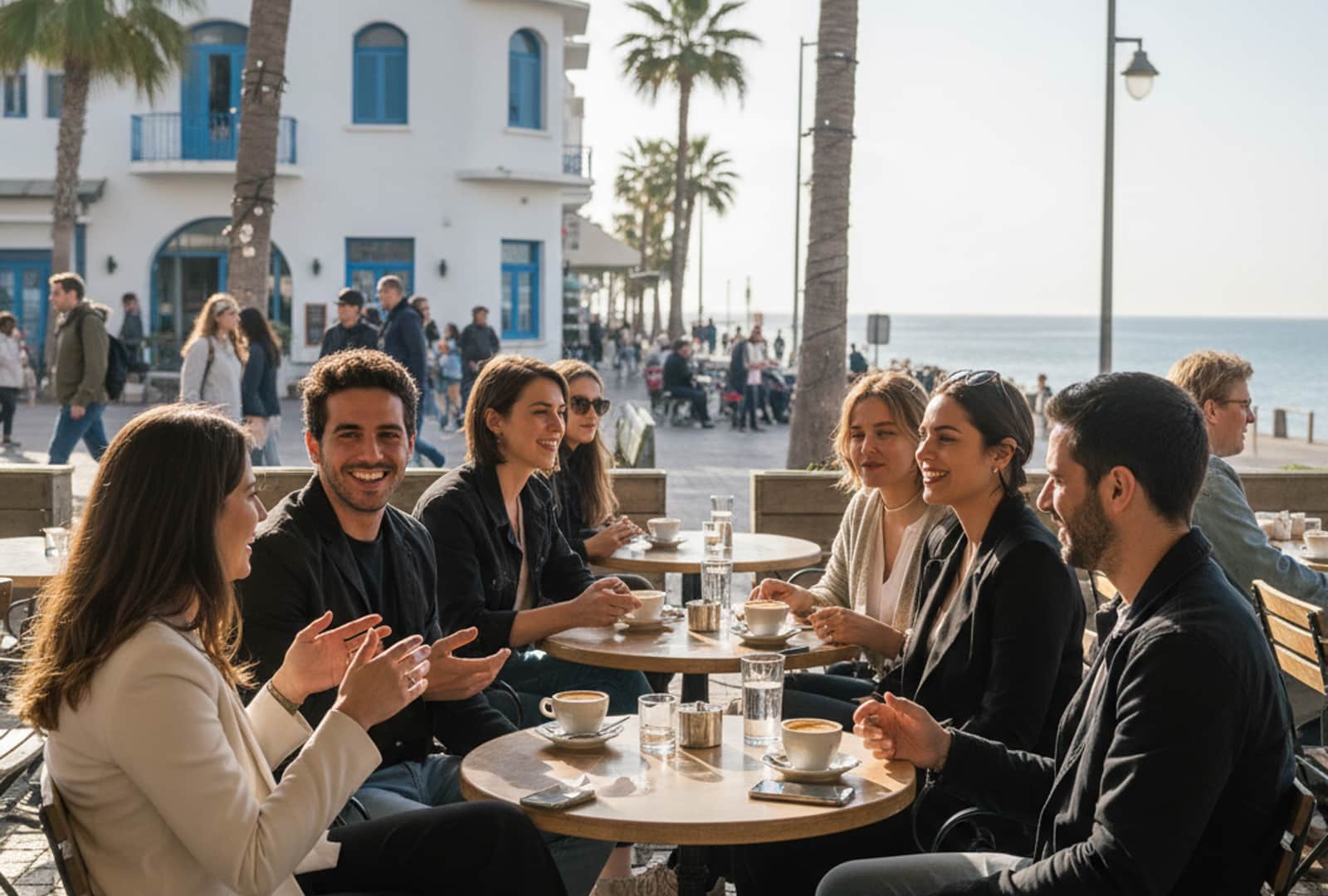 Group of young adults practicing Hebrew conversation outdoors at a café by the beach – Modern Hebrew course atmosphere