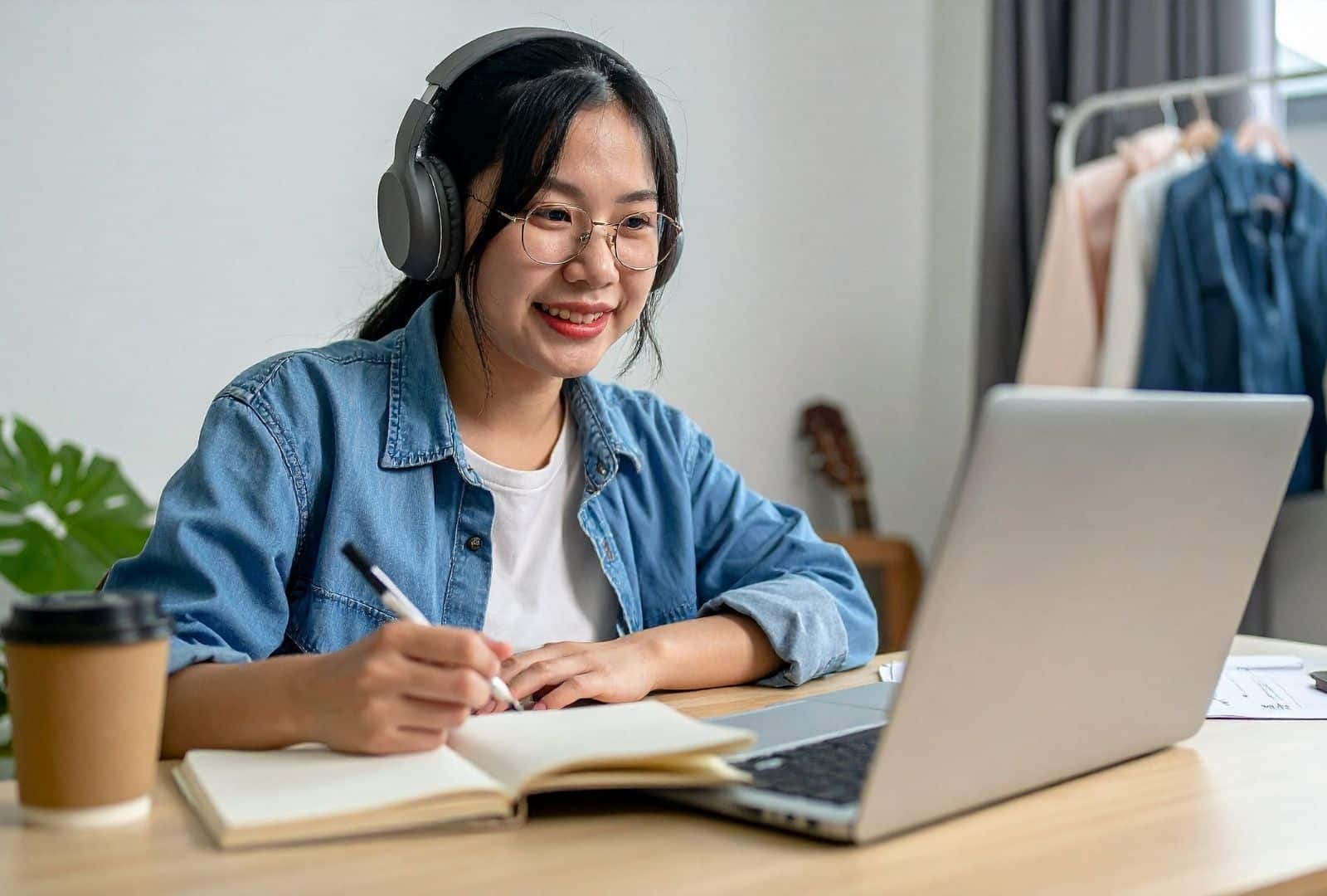 Smiling young woman in casual denim shirt wearing headphones and glasses, taking notes on a laptop during online Hebrew classes for beginners with teacher Anat Migdalor – from zero to fluent in one year!